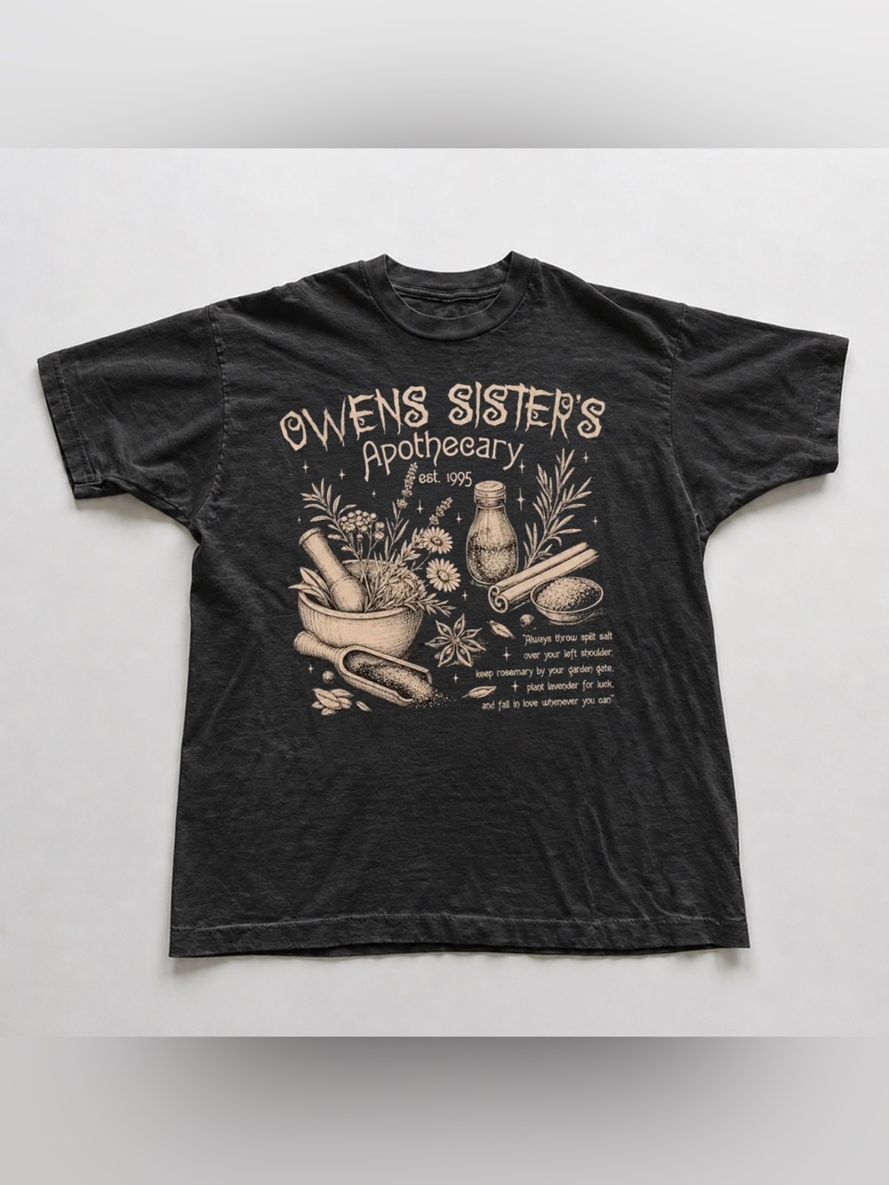 Black Short-Sleeve Tee with Cream Apothecary Graphic